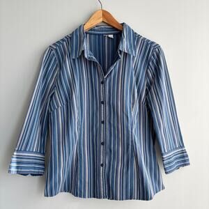 St Johns Bay Blue White Striped Workwear Blouse Button Up 3/4 Sleeves Size Large